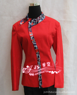 【新上市酒店工作服 酒店制服 高檔女服務(wù)員服飾 長袖紅色拼花JS130】價(jià)格,廠家,圖片,制服、工作服,廣州市番禺區(qū)大石景盛酒店用品經(jīng)營部-
